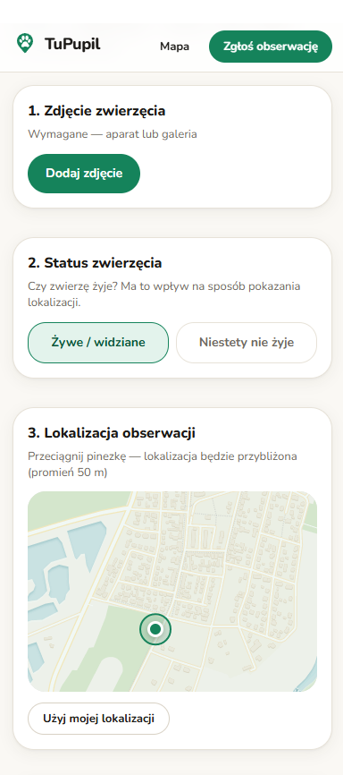 TuPupil — formularz zgłoszenia obserwacji