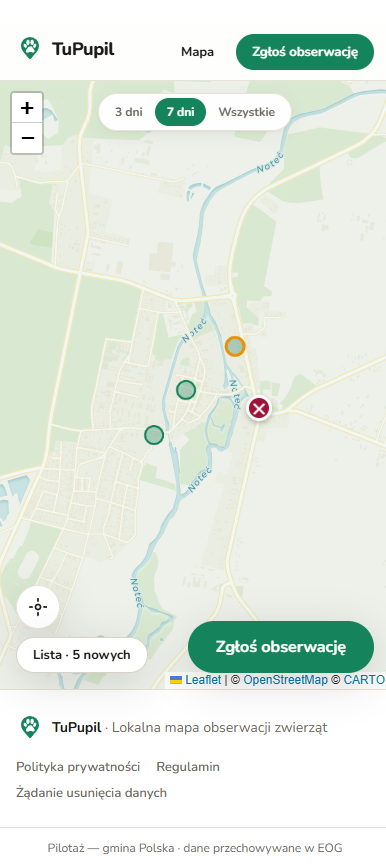 TuPupil — mapa z pinezkami obserwacji zwierząt